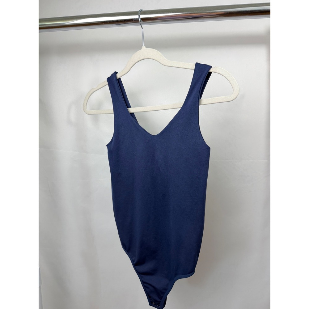 Eye Candy Navy Blue V-Neck Bodysuit Built-in‎ Bra Thong Snap Closure Size S/M